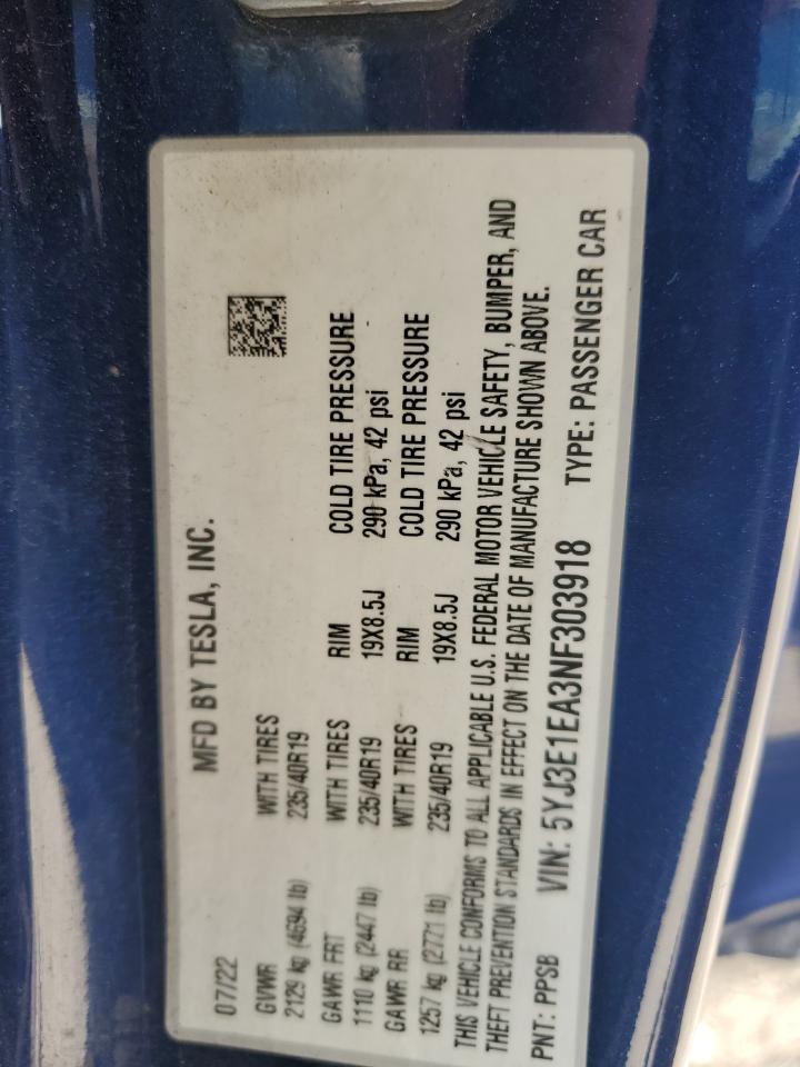 2022 Tesla Model 3 VIN: 5YJ3E1EA3NF303918 Lot: 80916895