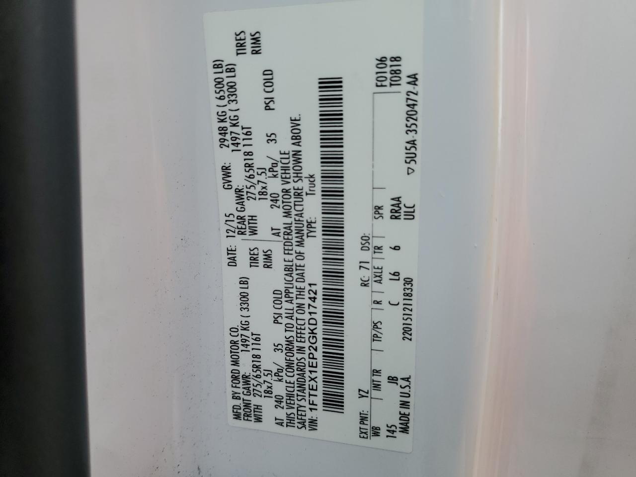 2016 Ford F150 Super Cab VIN: 1FTEX1EP2GKD17421 Lot: 81869935