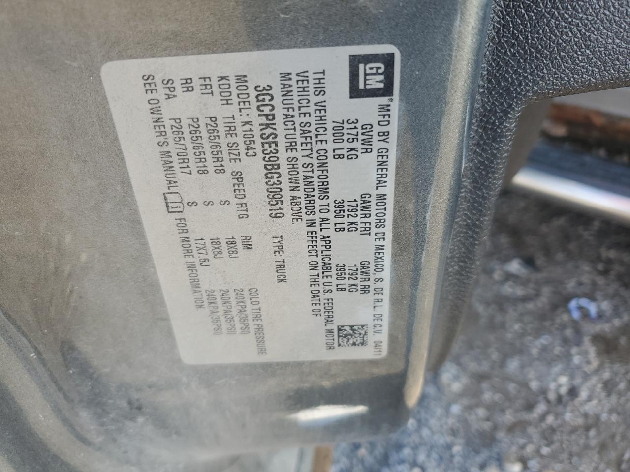 2011 Chevrolet Silverado K1500 Lt VIN: 3GCPKSE39BG309519 Lot: 82135025