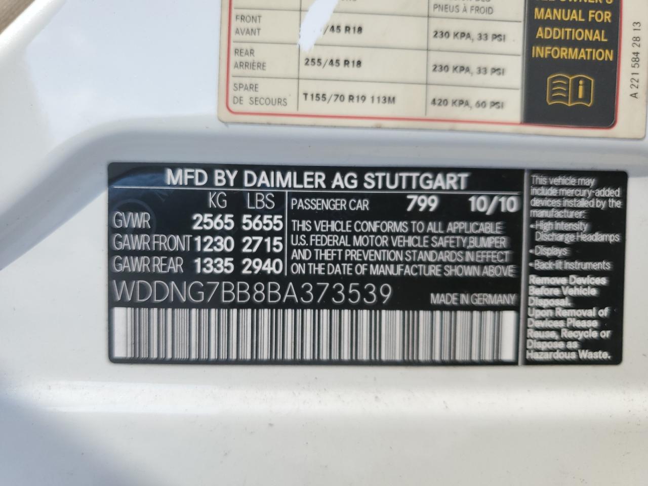 2011 Mercedes-Benz S 550 VIN: WDDNG7BB8BA373539 Lot: 82097305