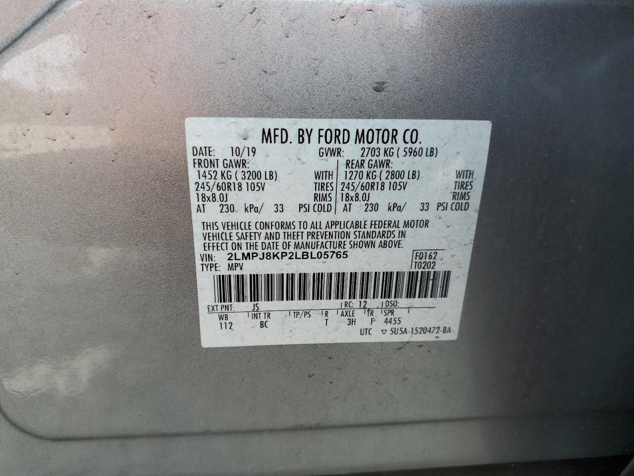 2020 Lincoln Nautilus Reserve VIN: 2LMPJ8KP2LBL05765 Lot: 83974495