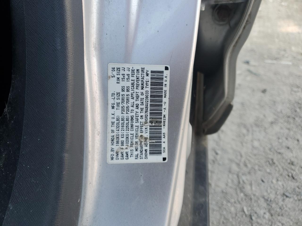 2004 Honda Cr-V Lx VIN: SHSRD78484U239033 Lot: 81153955