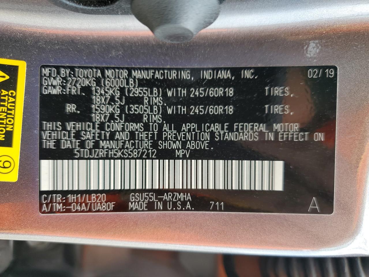 2019 Toyota Highlander Se VIN: 5TDJZRFH5KS587212 Lot: 71115205