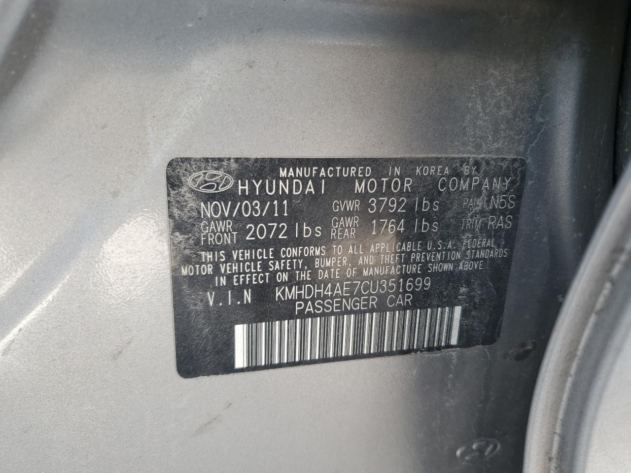 2012 Hyundai Elantra Gls VIN: KMHDH4AE7CU351699 Lot: 71524955