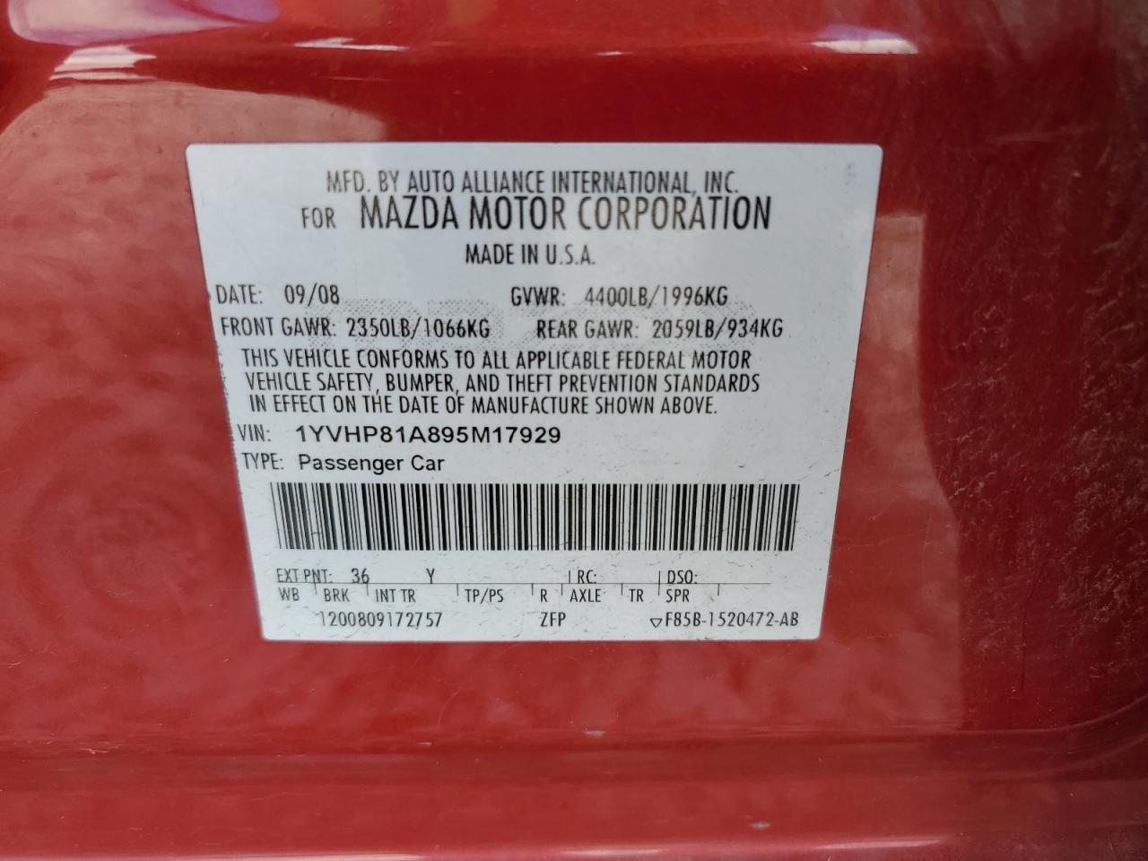 2009 Mazda 6 I VIN: 1YVHP81A895M17929 Lot: 81669975