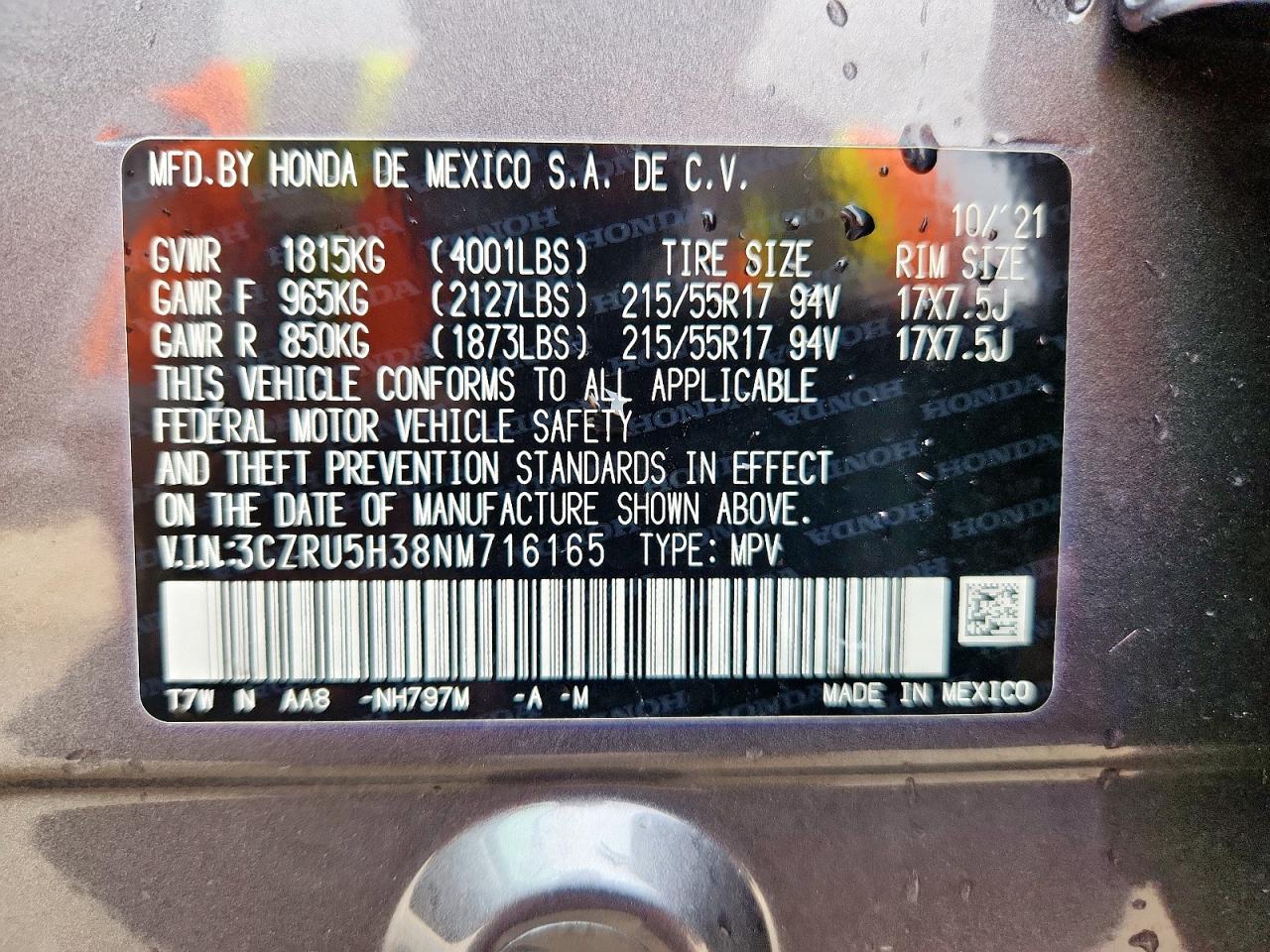 2022 Honda Hr-V Lx VIN: 3CZRU5H38NM716165 Lot: 80874995