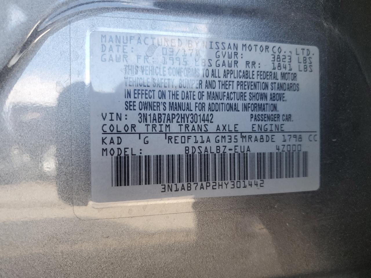 2017 Nissan Sentra S VIN: 3N1AB7AP2HY301442 Lot: 81315945