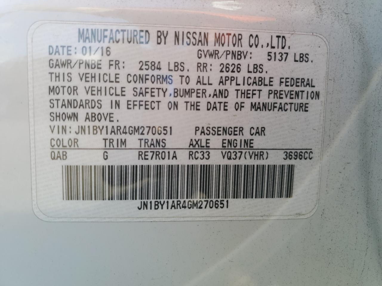 2016 Infiniti Q70 3.7 VIN: JN1BY1AR4GM270651 Lot: 71231145