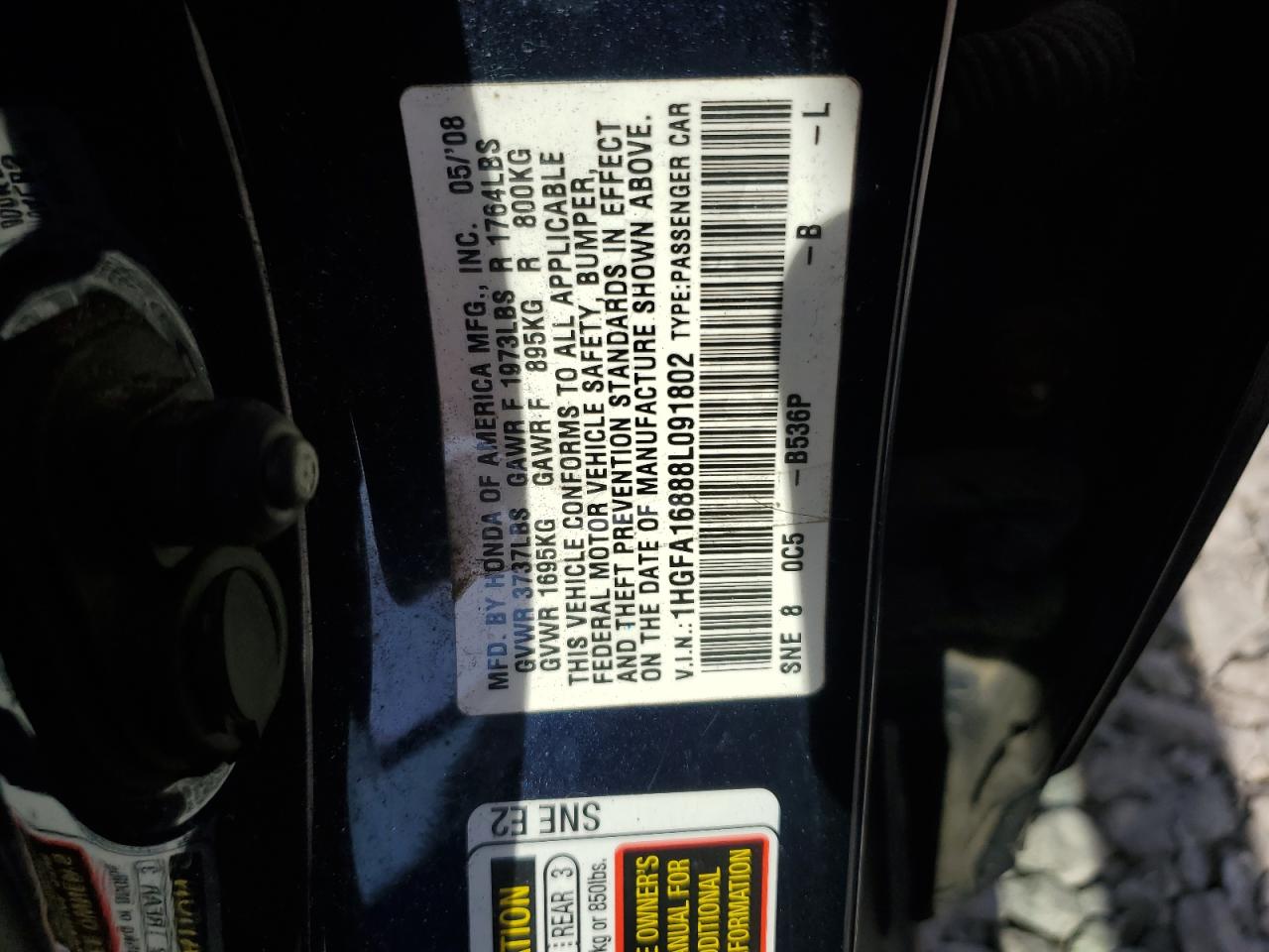 2008 Honda Civic Ex VIN: 1HGFA16888L091802 Lot: 84623295