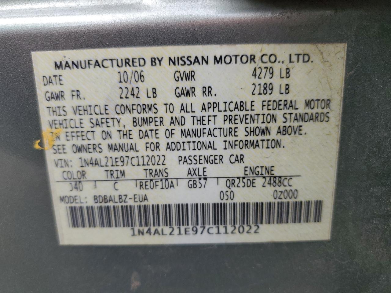 2007 Nissan Altima 2.5 VIN: 1N4AL21E97C112022 Lot: 80115765