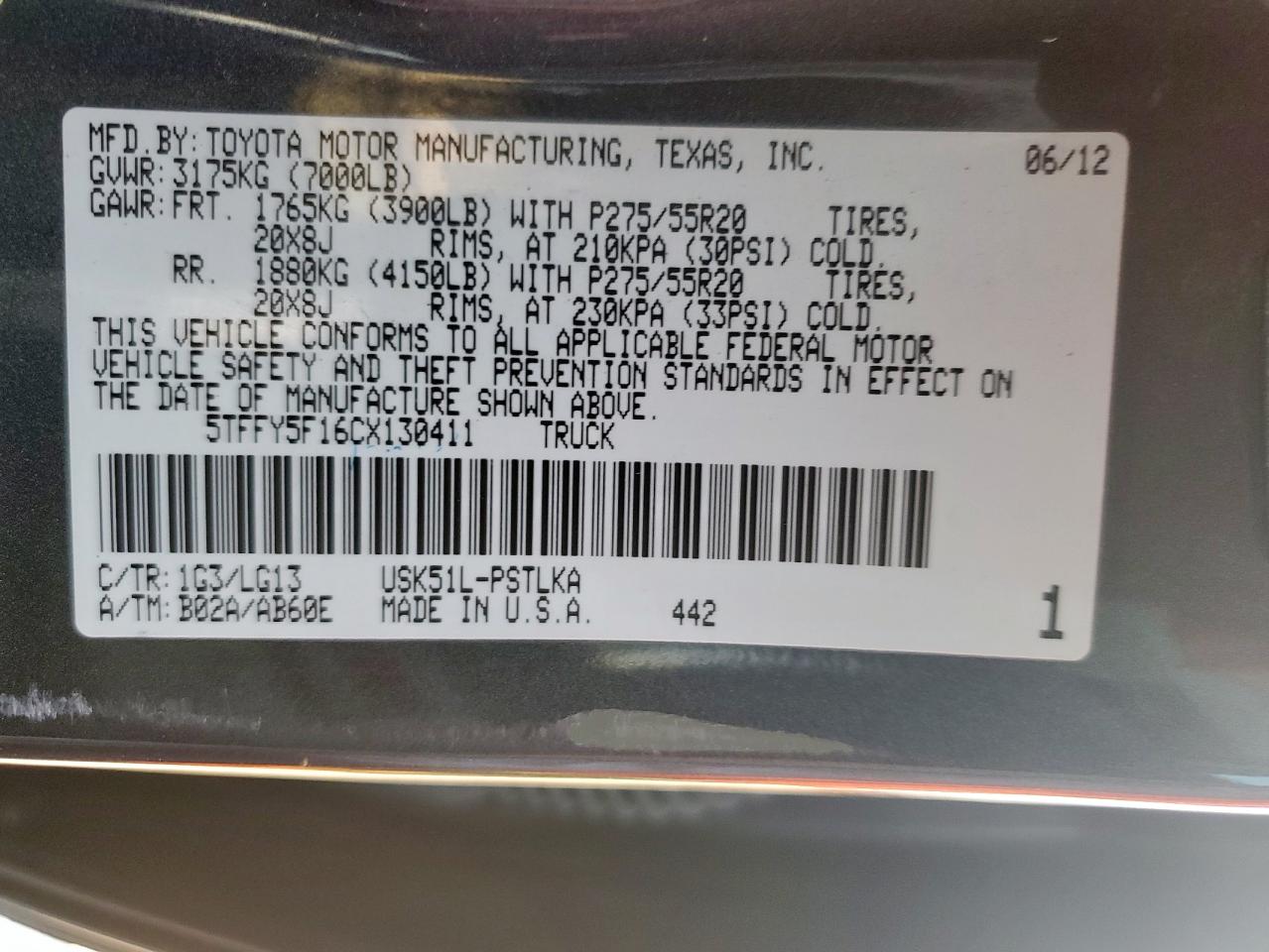 2012 Toyota Tundra Crewmax Limited VIN: 5TFFY5F16CX130411 Lot: 71962055