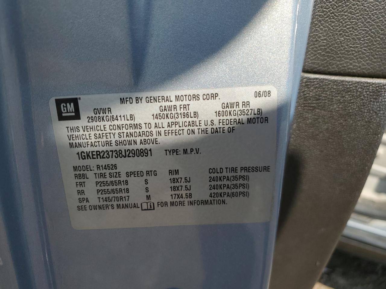 2008 GMC Acadia Slt-1 VIN: 1GKER23738J290891 Lot: 80900085