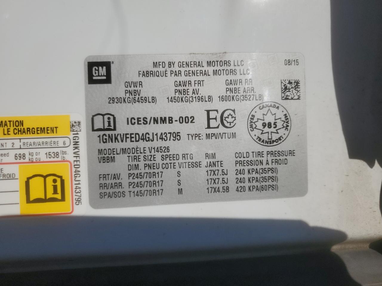 2016 Chevrolet Traverse Ls VIN: 1GNKVFED4GJ143795 Lot: 81003235