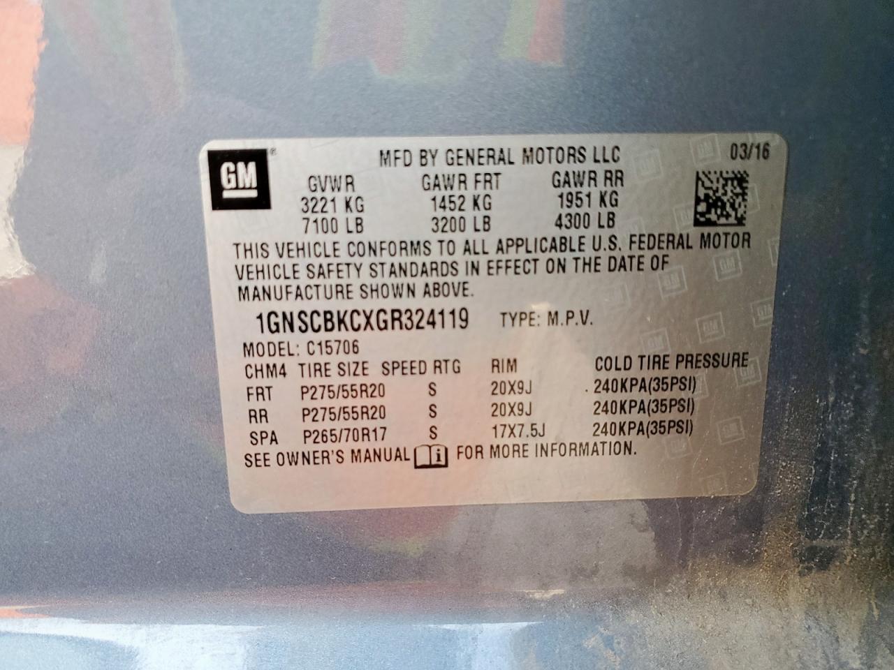 2016 Chevrolet Tahoe C1500 Lt VIN: 1GNSCBKCXGR324119 Lot: 80809955