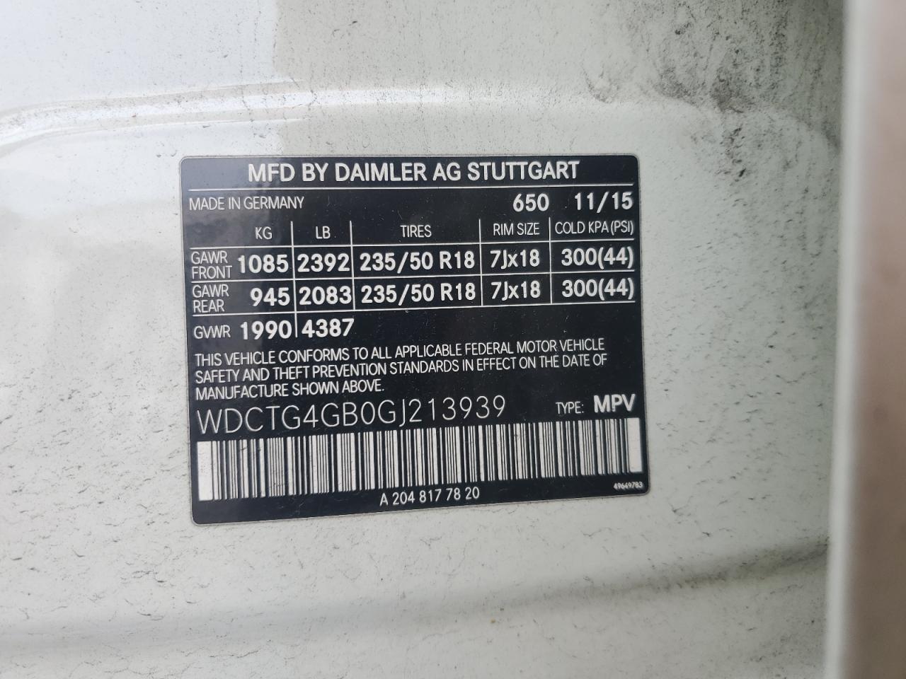 2016 Mercedes-Benz Gla 250 4Matic VIN: WDCTG4GB0GJ213939 Lot: 80730065