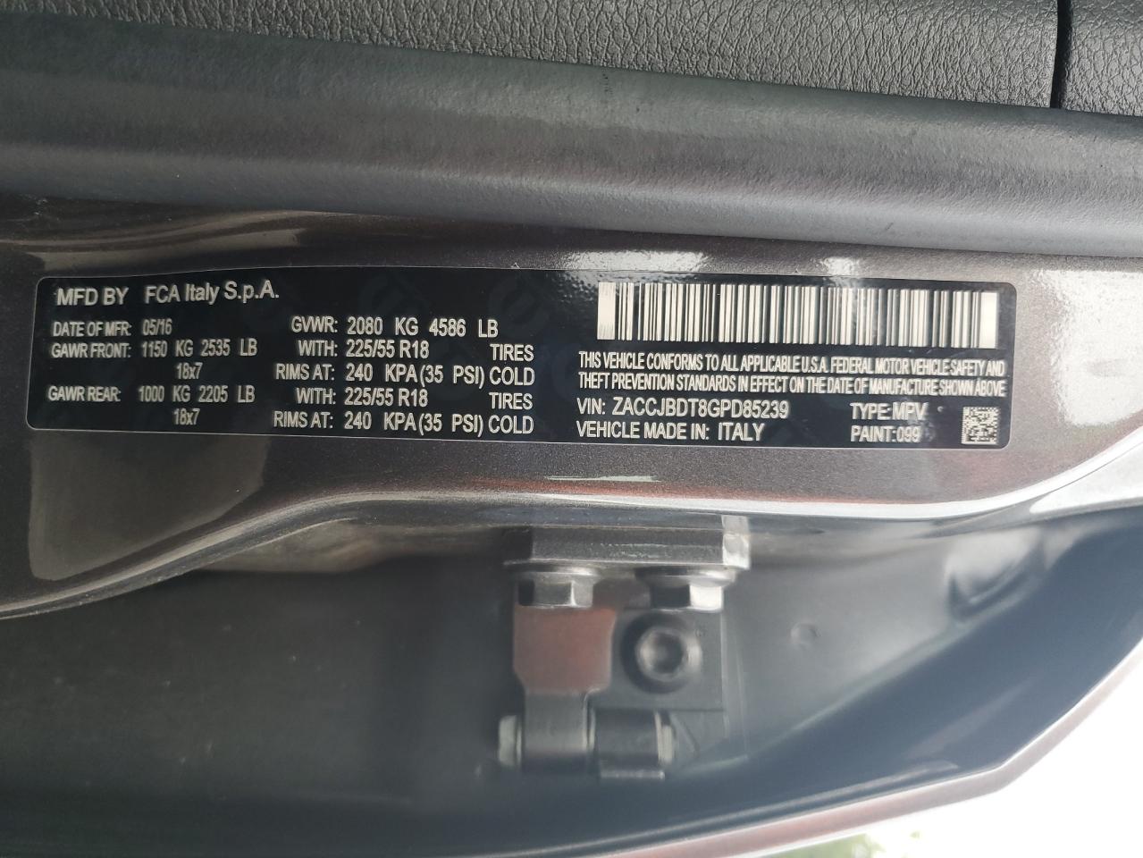 2016 Jeep Renegade Limited VIN: ZACCJBDT8GPD85239 Lot: 80876515