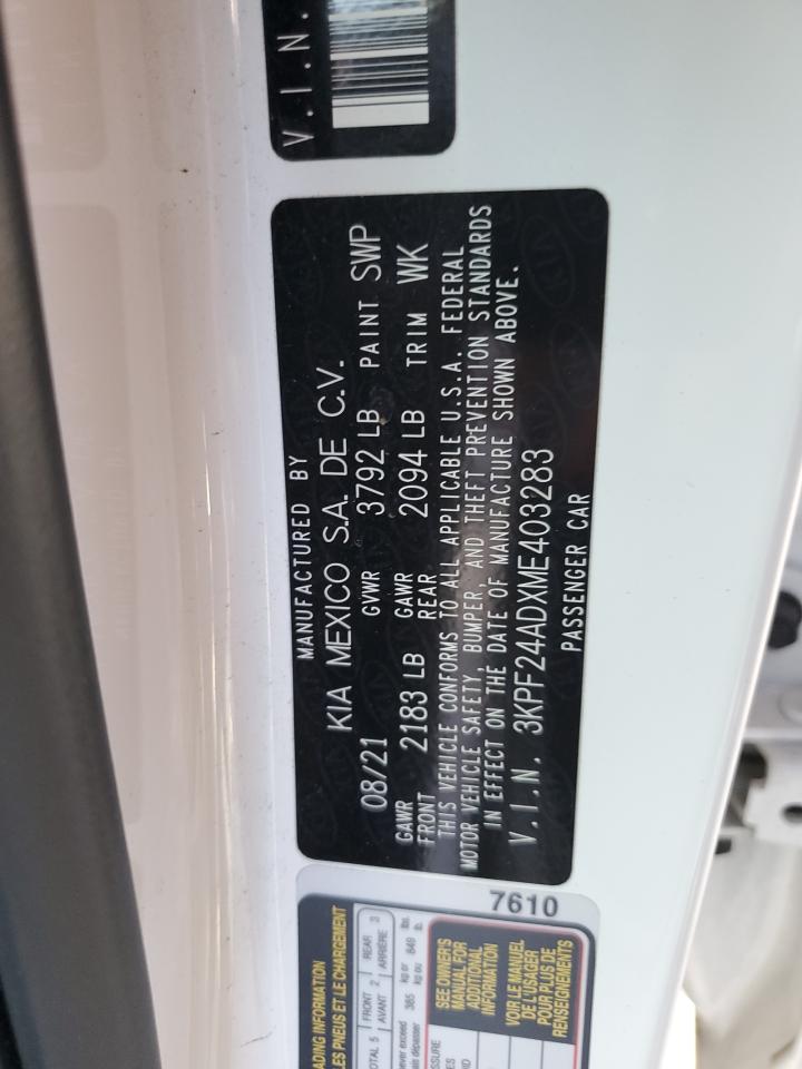 2021 Kia Forte Fe VIN: 3KPF24ADXME403283 Lot: 71183965