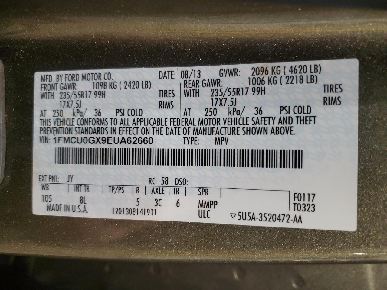 2014 Ford Escape Se VIN: 1FMCU0GX9EUA62660 Lot: 81839585