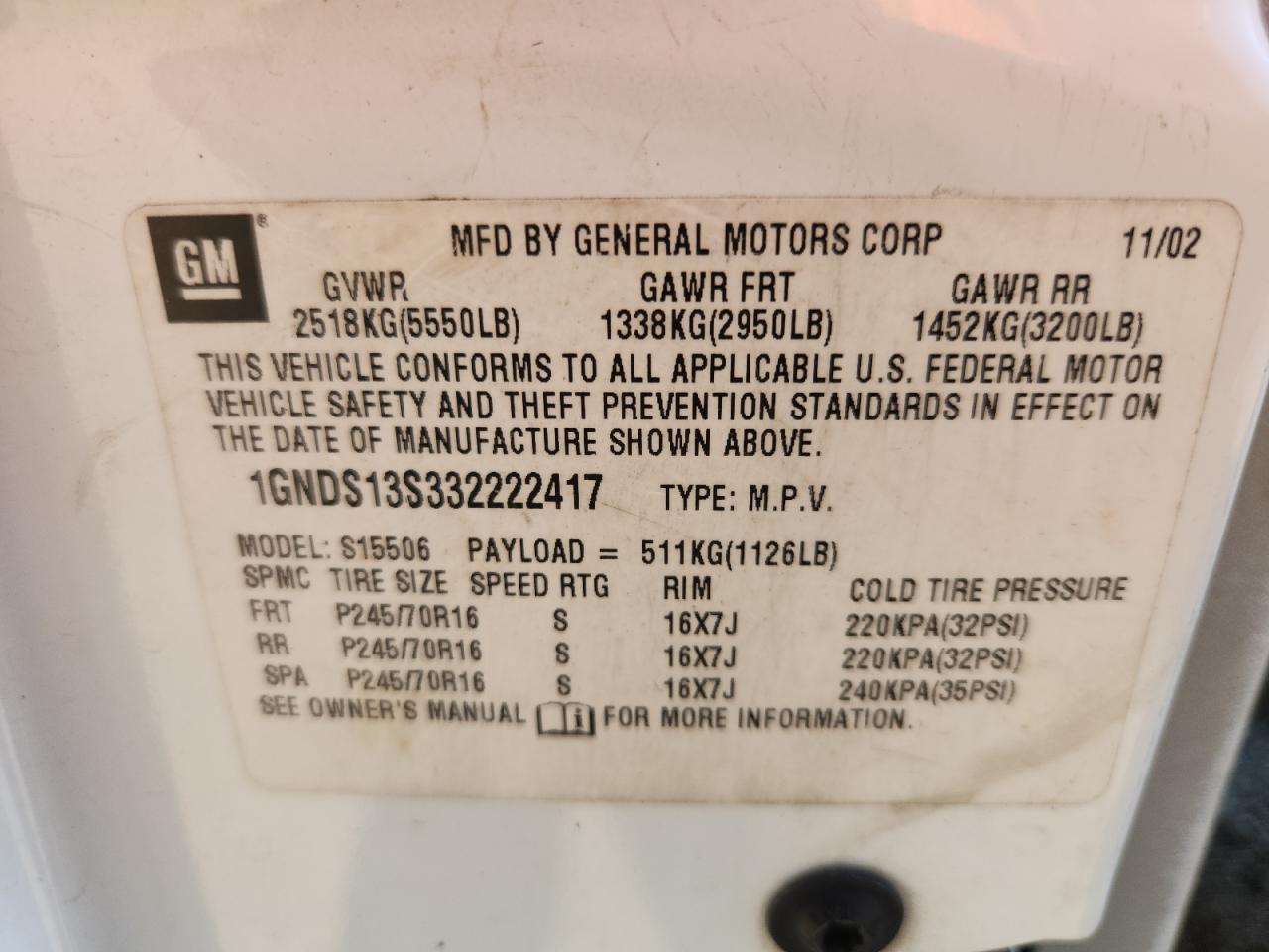 2003 Chevrolet Trailblazer VIN: 1GNDS13S332222417 Lot: 80895495