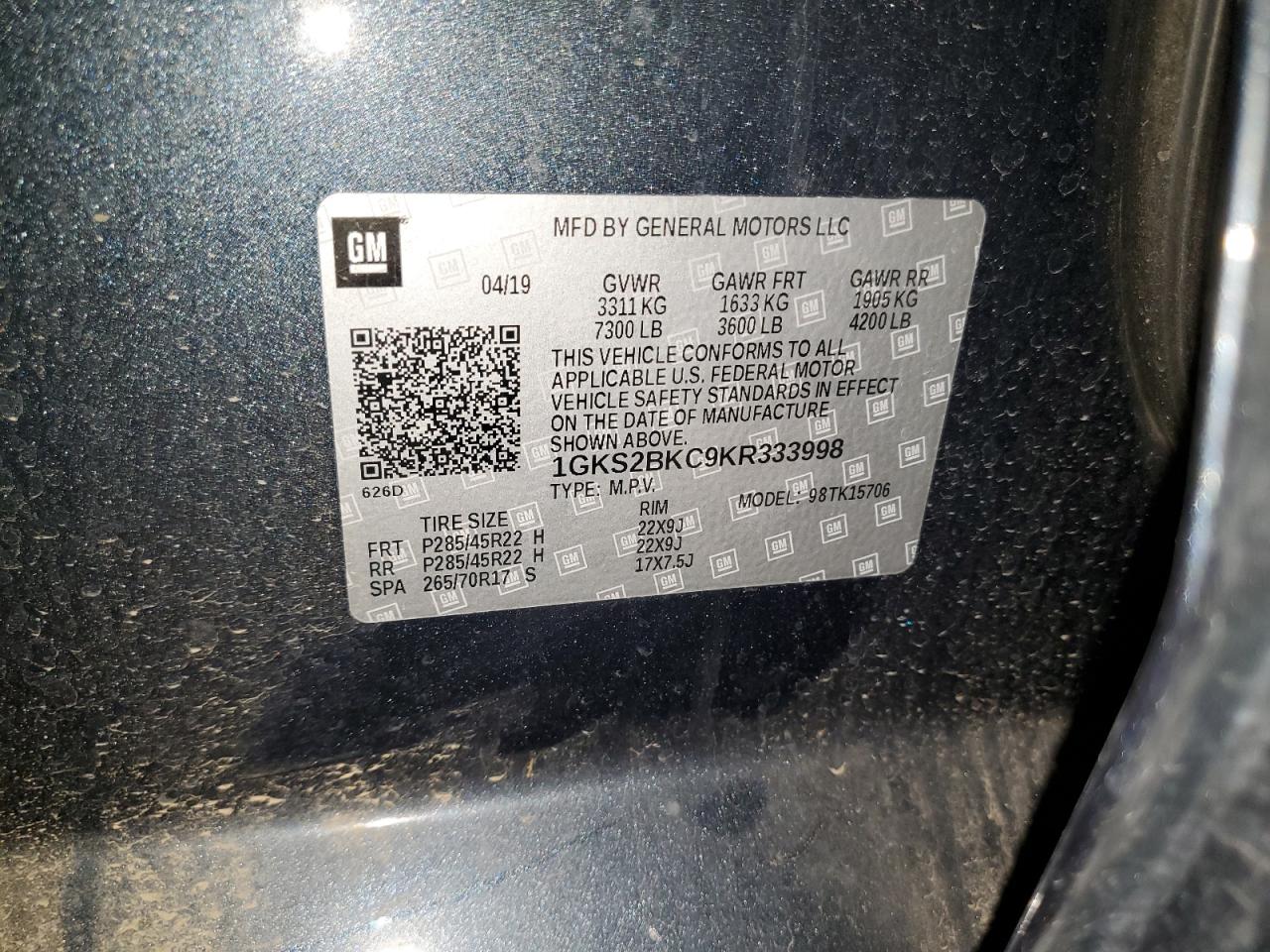 2019 GMC Yukon Slt VIN: 1GKS2BKC9KR333998 Lot: 81301265