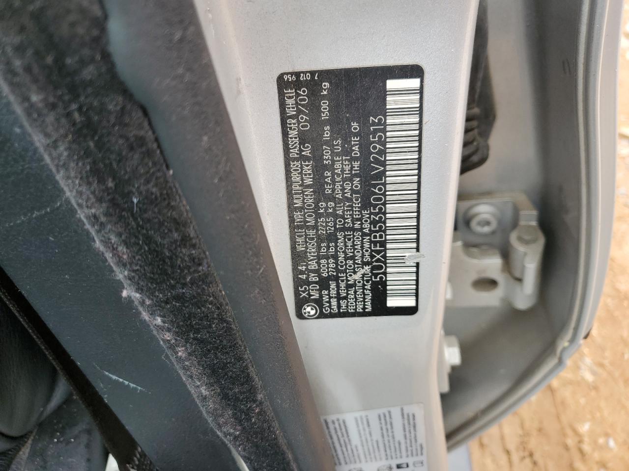 2006 BMW X5 4.4I VIN: 5UXFB53506LV29513 Lot: 84275845