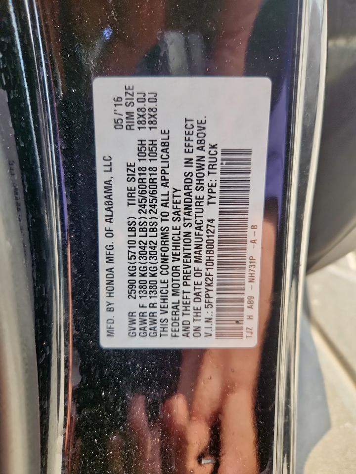 2017 Honda Ridgeline Sport VIN: 5FPYK2F10HB001274 Lot: 81342275