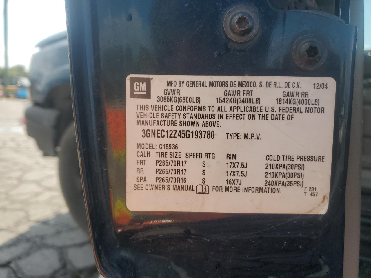 2005 Chevrolet Avalanche C1500 VIN: 3GNEC12Z45G193780 Lot: 71465015