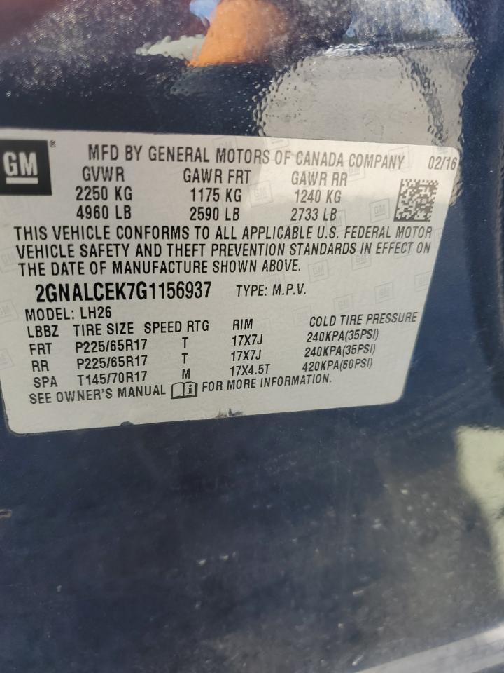 2016 Chevrolet Equinox Lt VIN: 2GNALCEK7G1156937 Lot: 72071625