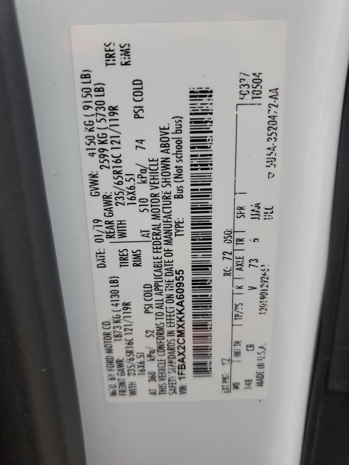 2019 Ford Transit T-350 VIN: 1FBAX2CMXKKA60955 Lot: 72067395