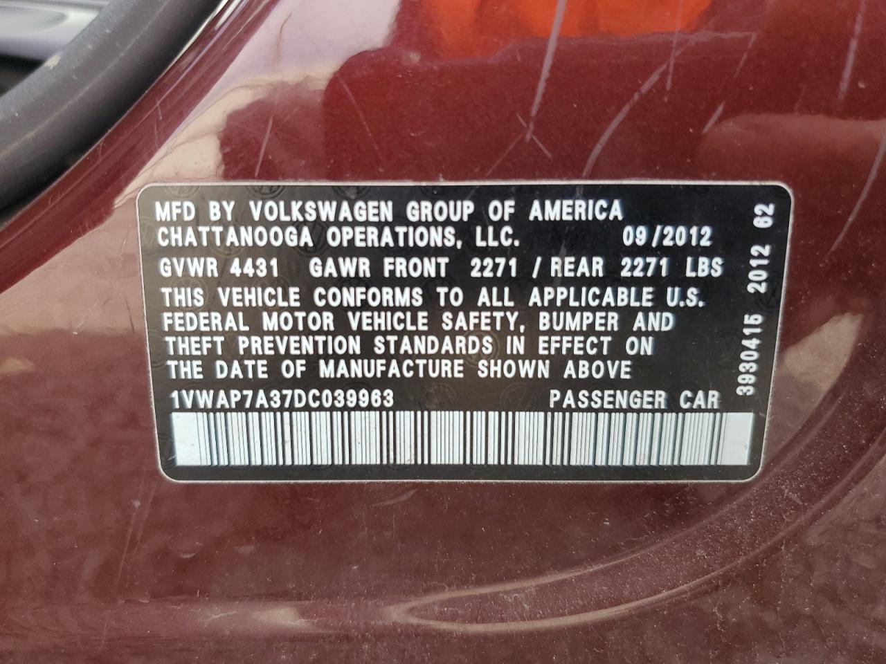 2013 Volkswagen Passat S VIN: 1VWAP7A37DC039963 Lot: 81419455