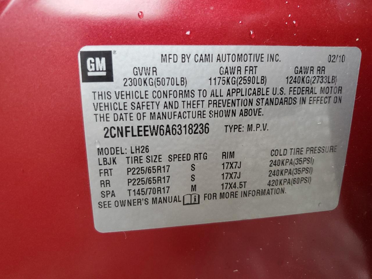 2010 Chevrolet Equinox Lt VIN: 2CNFLEEW6A6318236 Lot: 81703615