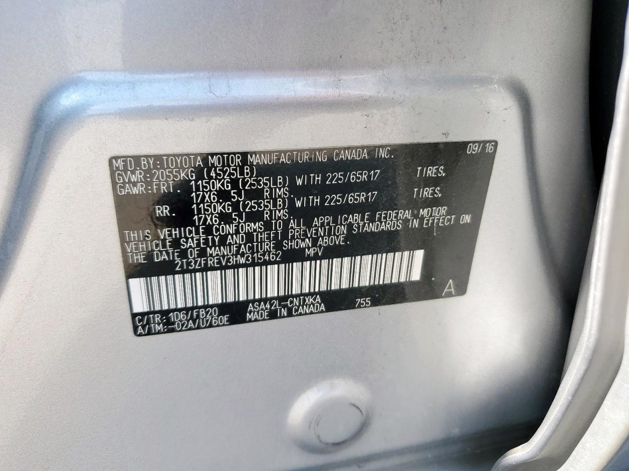 2017 Toyota Rav4 Le VIN: 2T3ZFREV3HW315462 Lot: 80878145