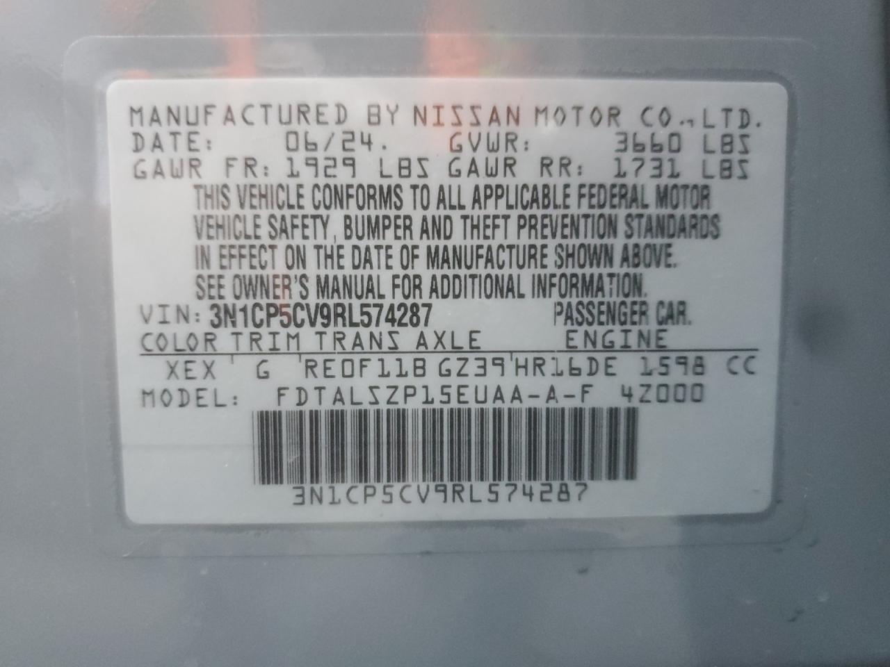 2024 Nissan Kicks Sv VIN: 3N1CP5CV9RL574287 Lot: 80925865