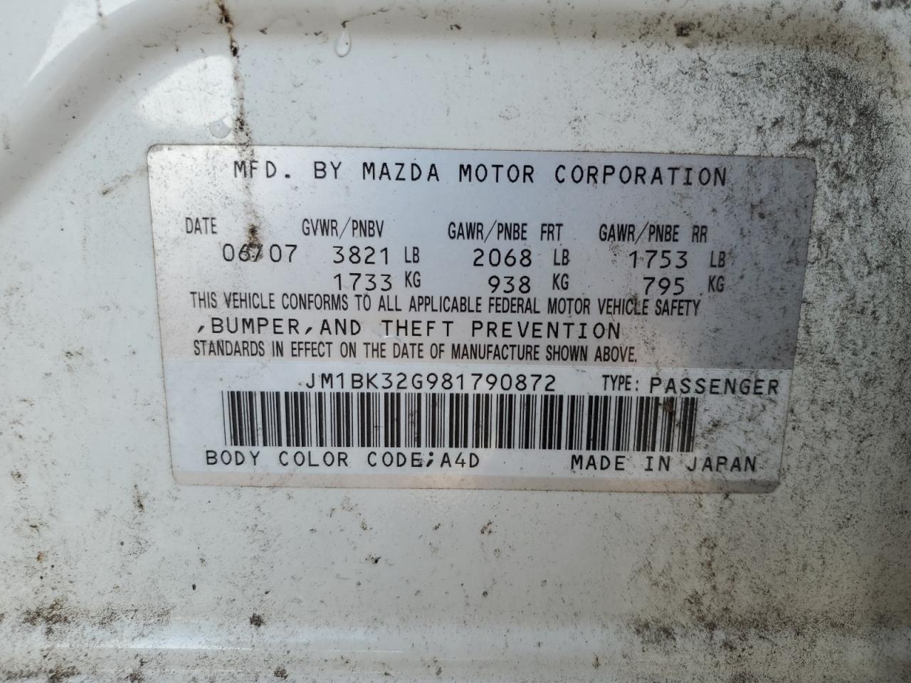 2008 Mazda 3 I VIN: JM1BK32G981790872 Lot: 82101865