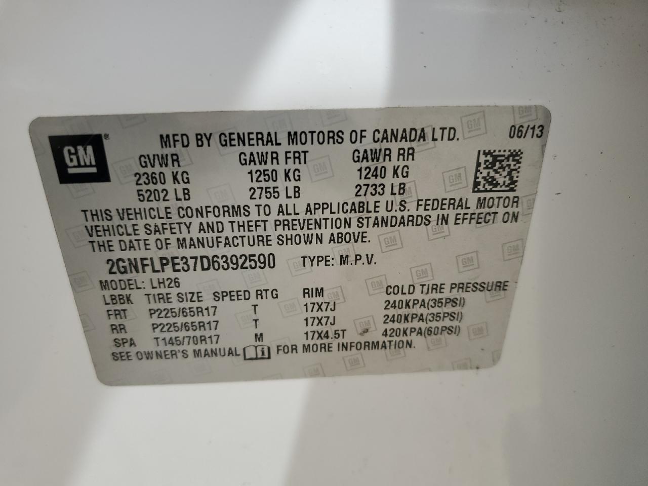 2013 Chevrolet Equinox Lt VIN: 2GNFLPE37D6392590 Lot: 82093975