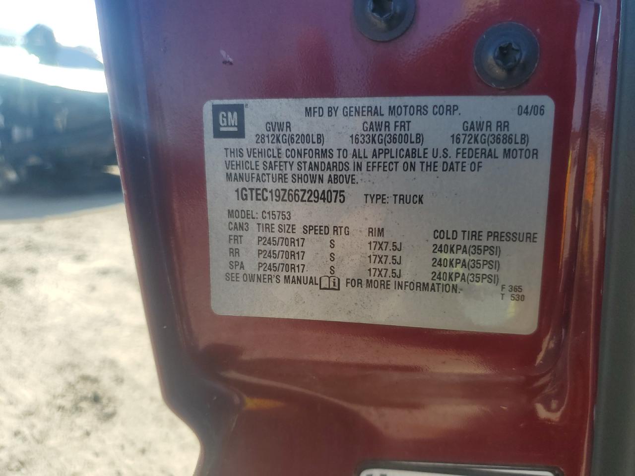 2006 GMC New Sierra C1500 VIN: 1GTEC19Z66Z294075 Lot: 81916245