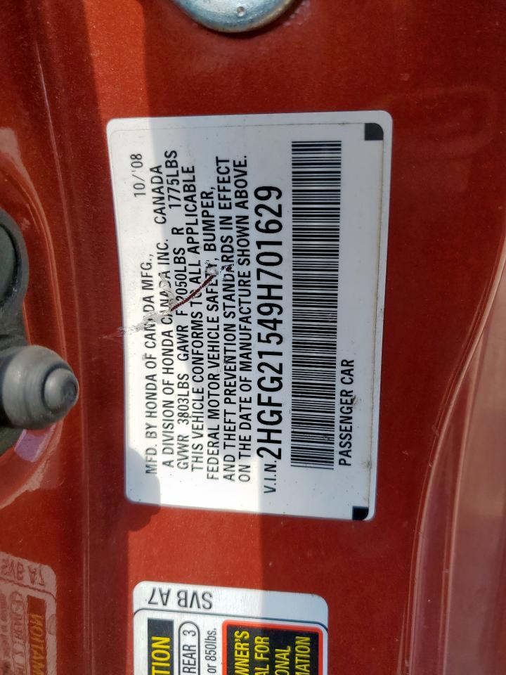 2009 Honda Civic Si VIN: 2HGFG21549H701629 Lot: 80990465
