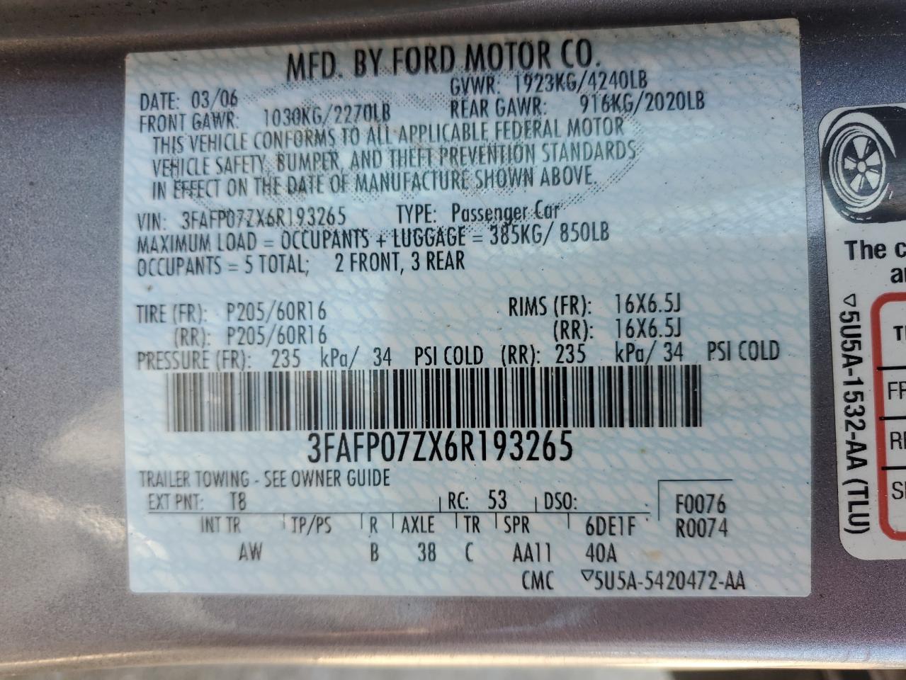 2006 Ford Fusion Se VIN: 3FAFP07ZX6R193265 Lot: 71229845