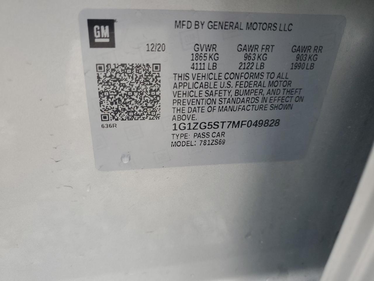 2021 Chevrolet Malibu Rs VIN: 1G1ZG5ST7MF049828 Lot: 81308055