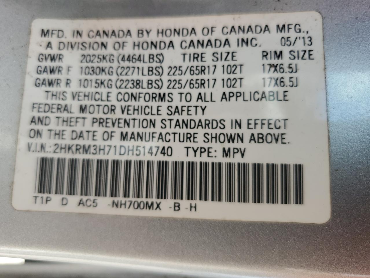 2013 Honda Cr-V Exl VIN: 2HKRM3H71DH514740 Lot: 83834345