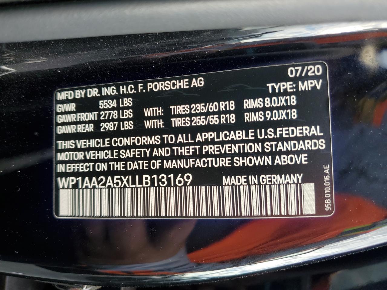 2020 Porsche Macan VIN: WP1AA2A5XLLB13169 Lot: 81521845