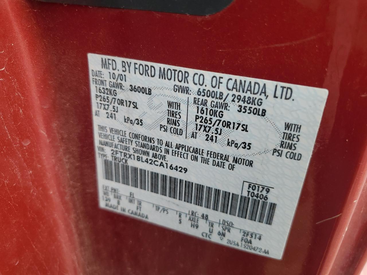 2002 Ford F150 VIN: 2FTRX18L42CA16429 Lot: 81794865