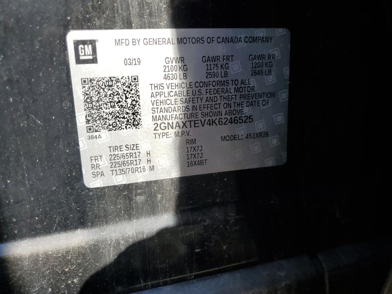 2019 Chevrolet Equinox Lt VIN: 2GNAXTEV4K6246525 Lot: 84429645