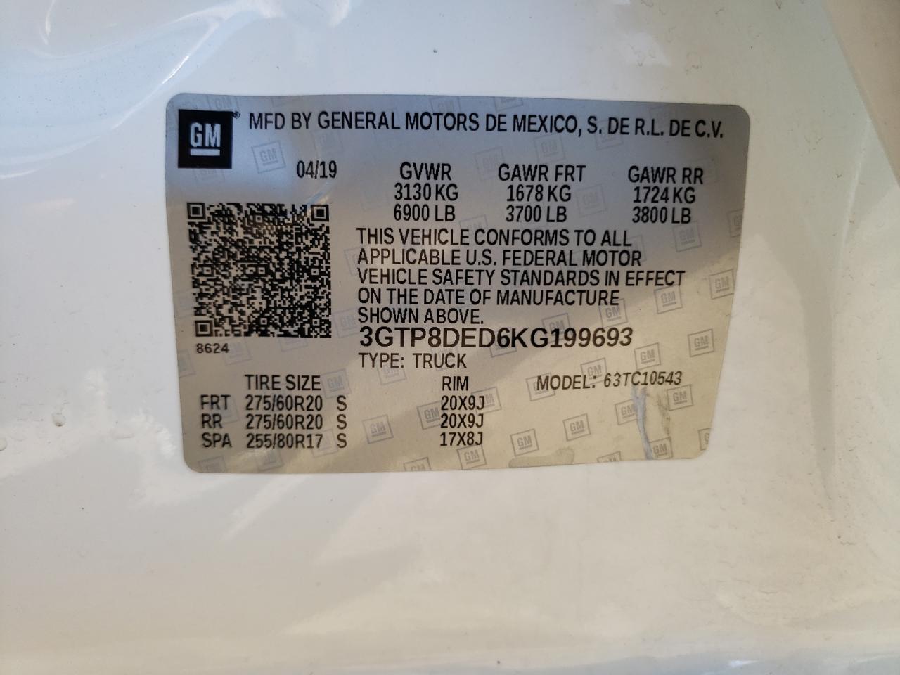 2019 GMC Sierra C1500 Slt VIN: 3GTP8DED6KG199693 Lot: 84062355