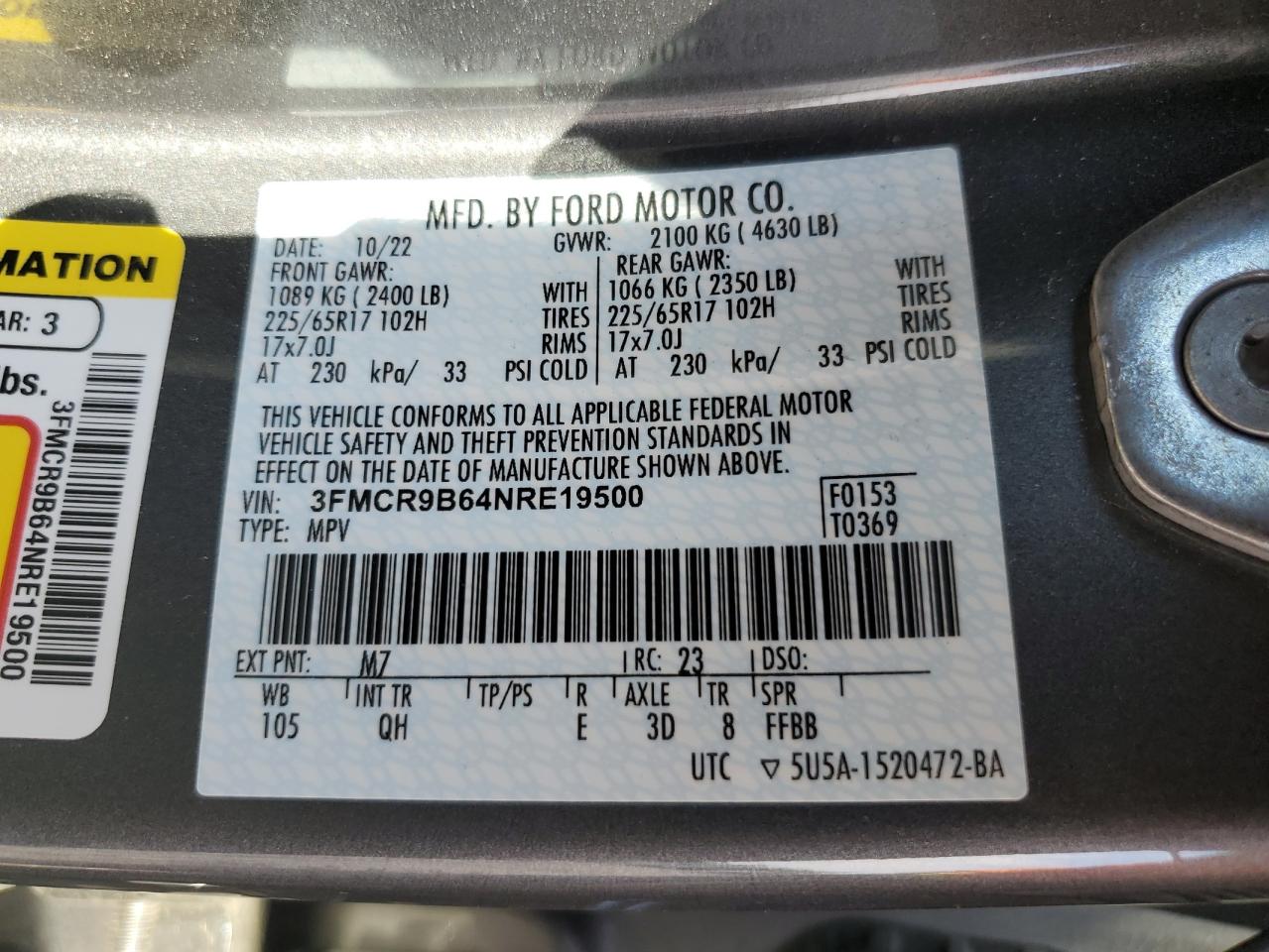 2022 Ford Bronco Sport Big Bend VIN: 3FMCR9B64NRE19500 Lot: 81620105