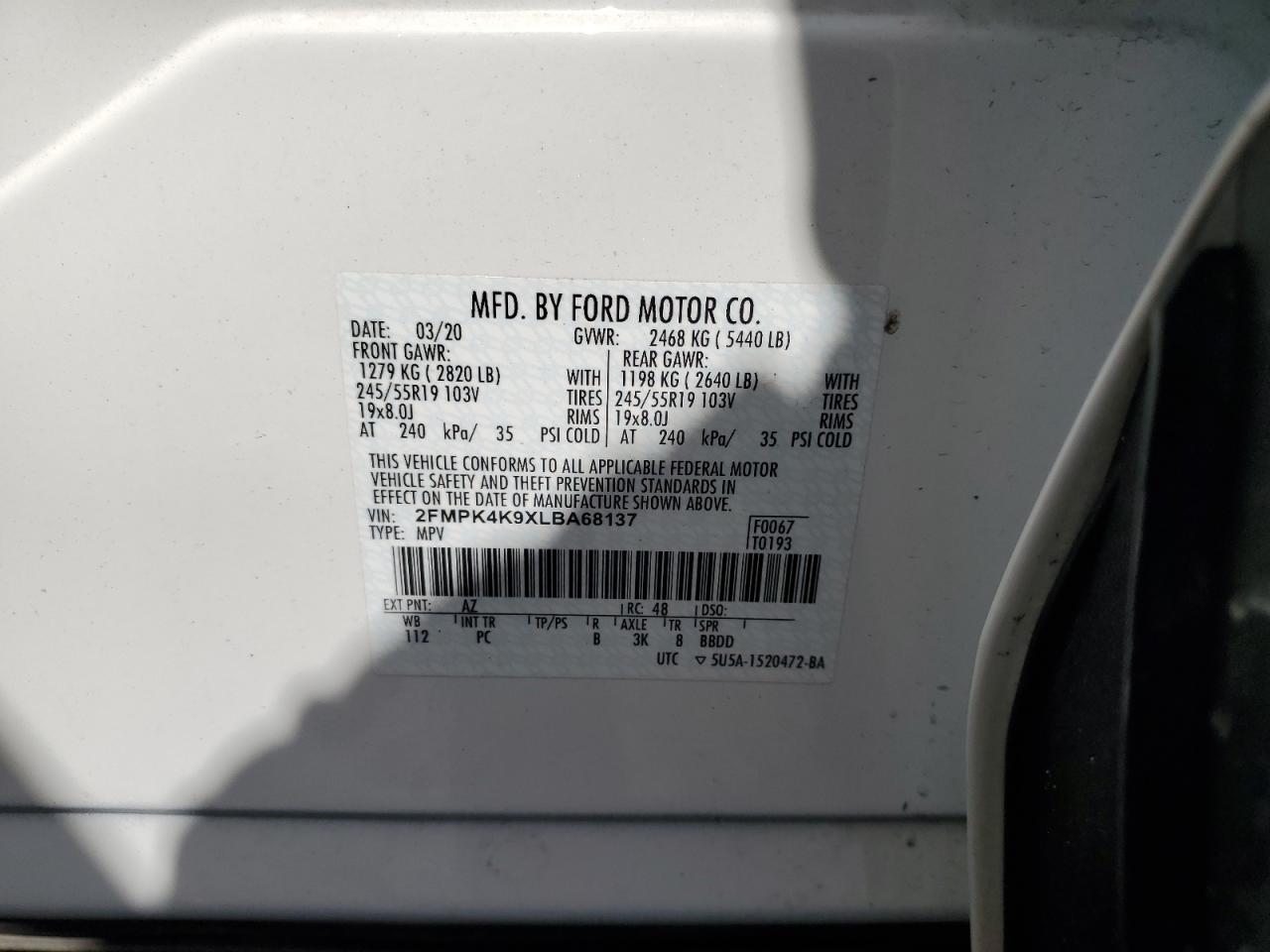 2020 Ford Edge Titanium VIN: 2FMPK4K9XLBA68137 Lot: 71674085