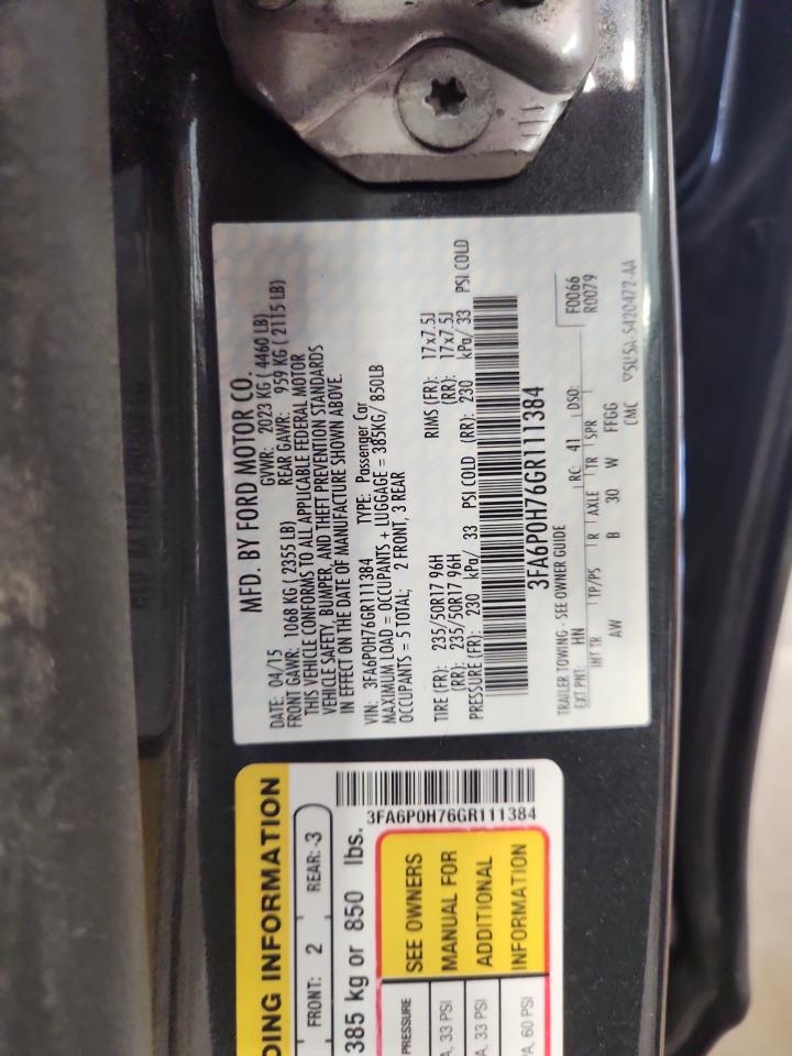 2016 Ford Fusion Se VIN: 3FA6P0H76GR111384 Lot: 80677615