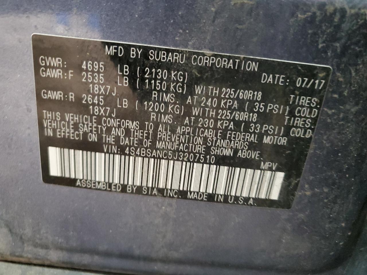 2018 Subaru Outback 2.5I Limited VIN: 4S4BSANC5J3207510 Lot: 71437825