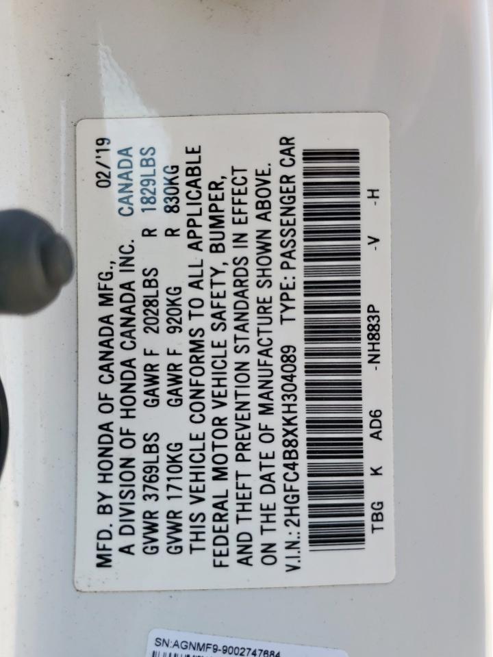 2019 Honda Civic Sport VIN: 2HGFC4B8XKH304089 Lot: 71998755