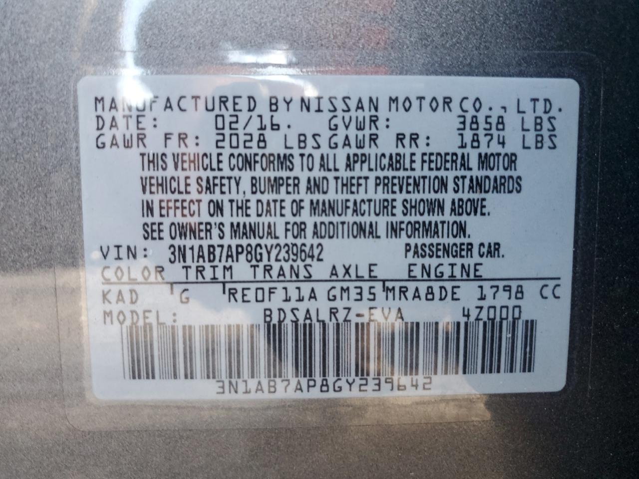 2016 Nissan Sentra S VIN: 3N1AB7AP8GY239642 Lot: 81685625